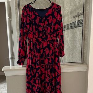 Pink and Navy Floral Print Long Sleeve Dress